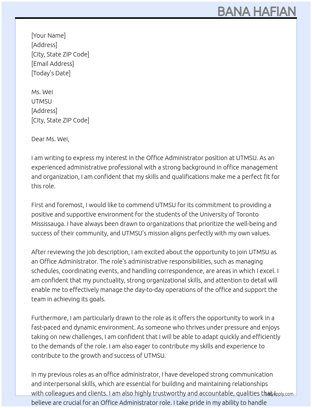 Office Administrator At UTMSU Cover Letter