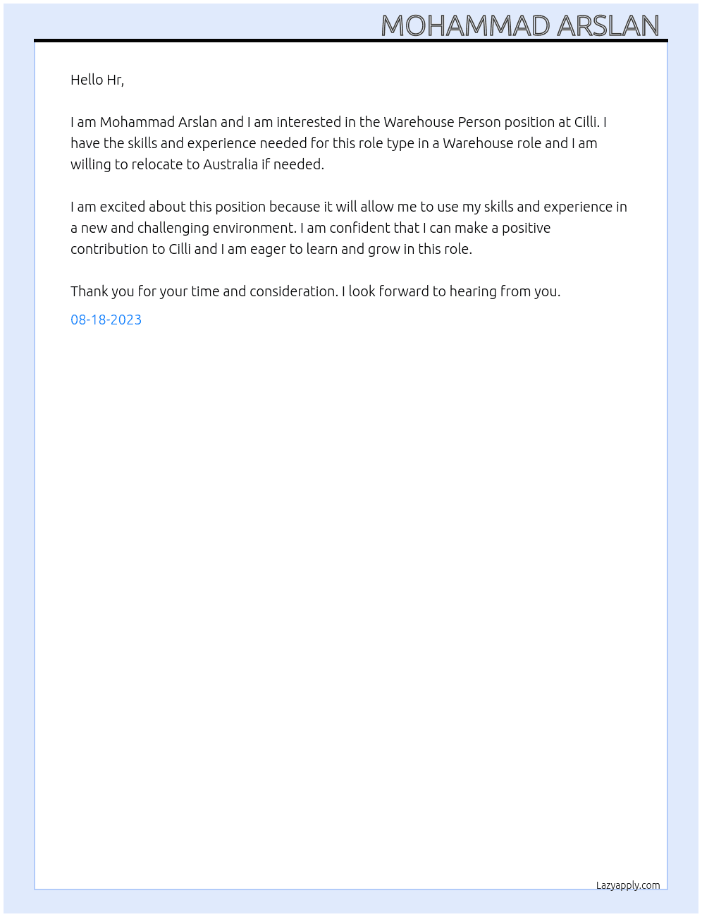 Warehouse Person  At Cilli Cover Letter