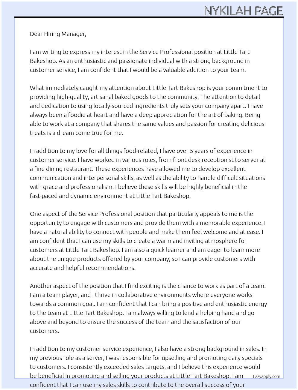 Service Professional  At Little Tart Bakeshop Cover Letter
