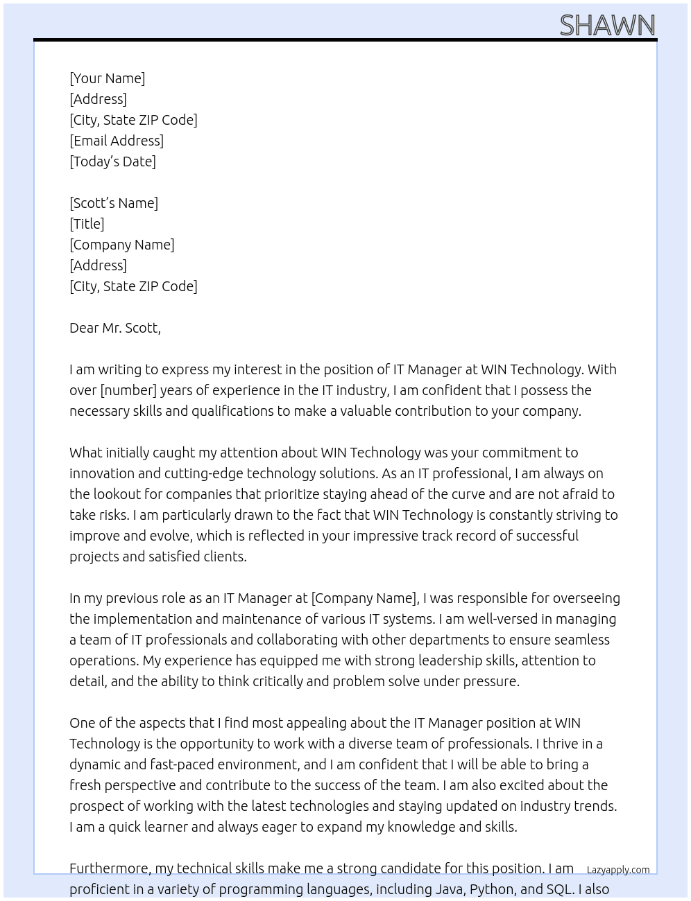 IT Manager At WIN Technology Cover Letter