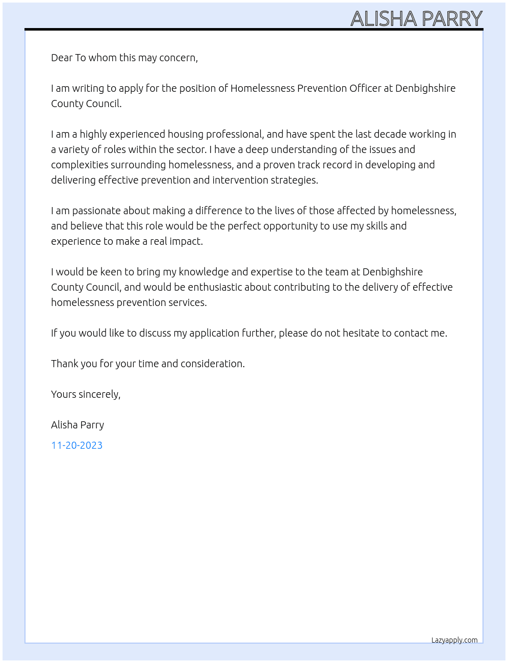 Homelessness Prevention Officer At Denbighshire County Councill Cover Letter