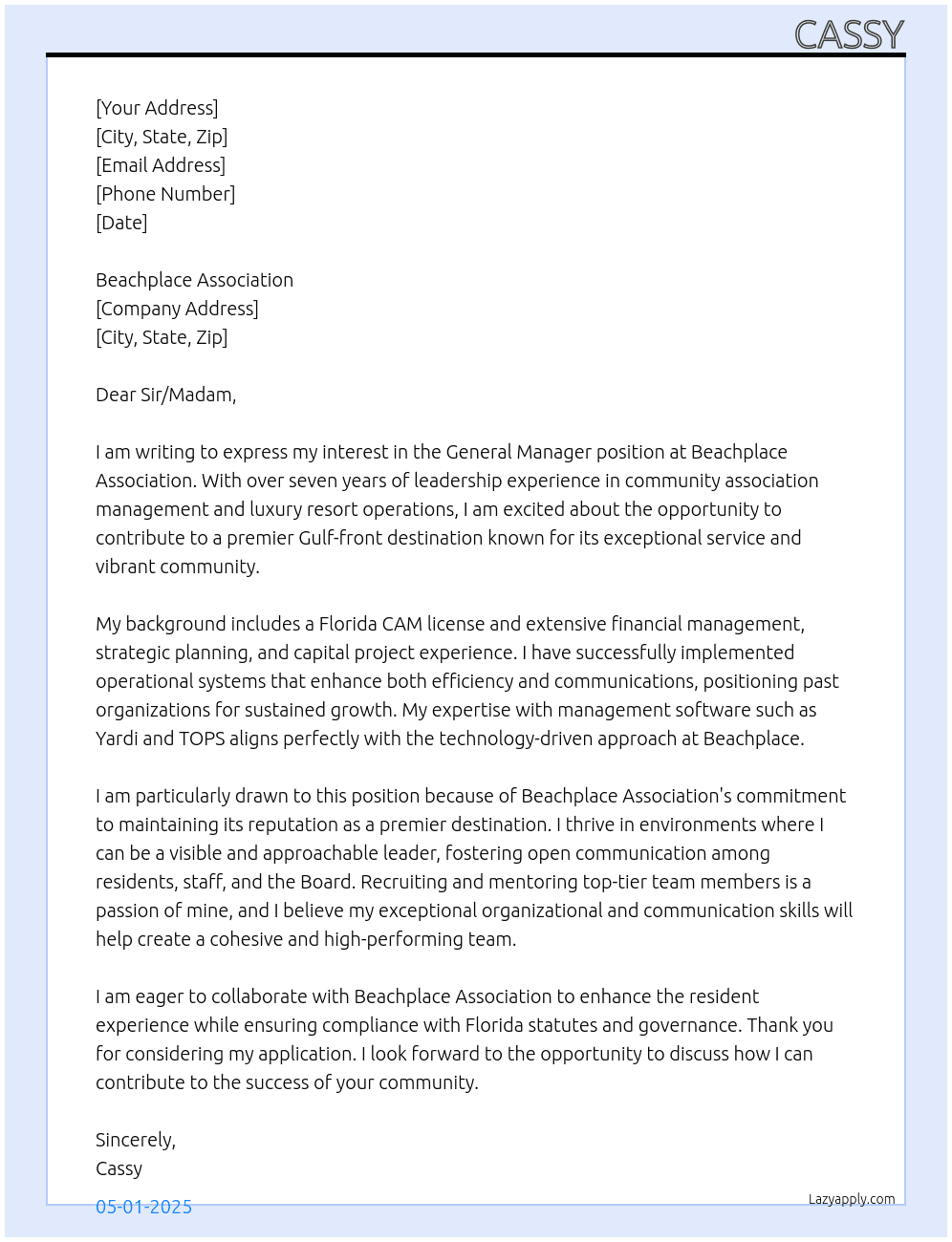General Manager At Beachplace Association Cover Letter