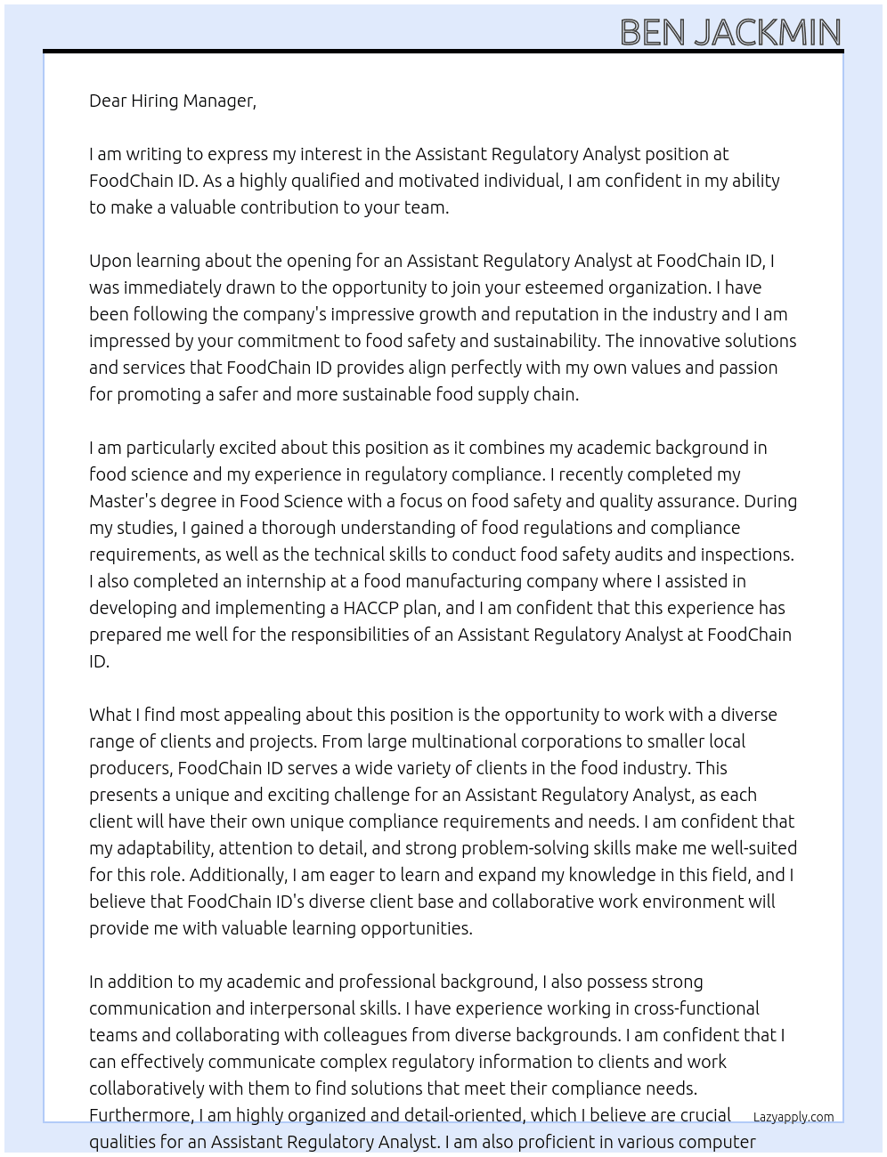 Assistant Regulatory Analyst At FoodChain ID Cover Letter