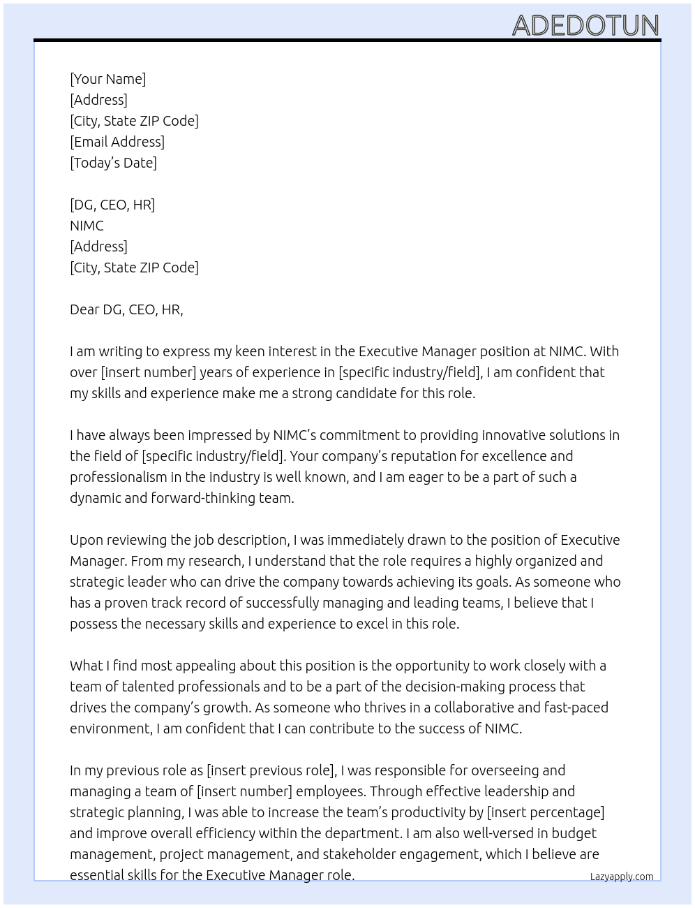 Executive Manager At NIMC Cover Letter