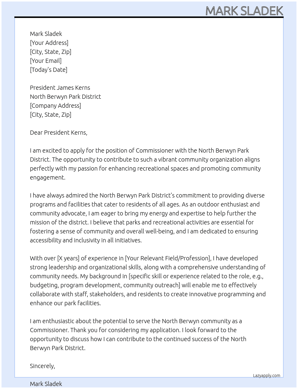 Commissioner At North Berwyn Park District Cover Letter