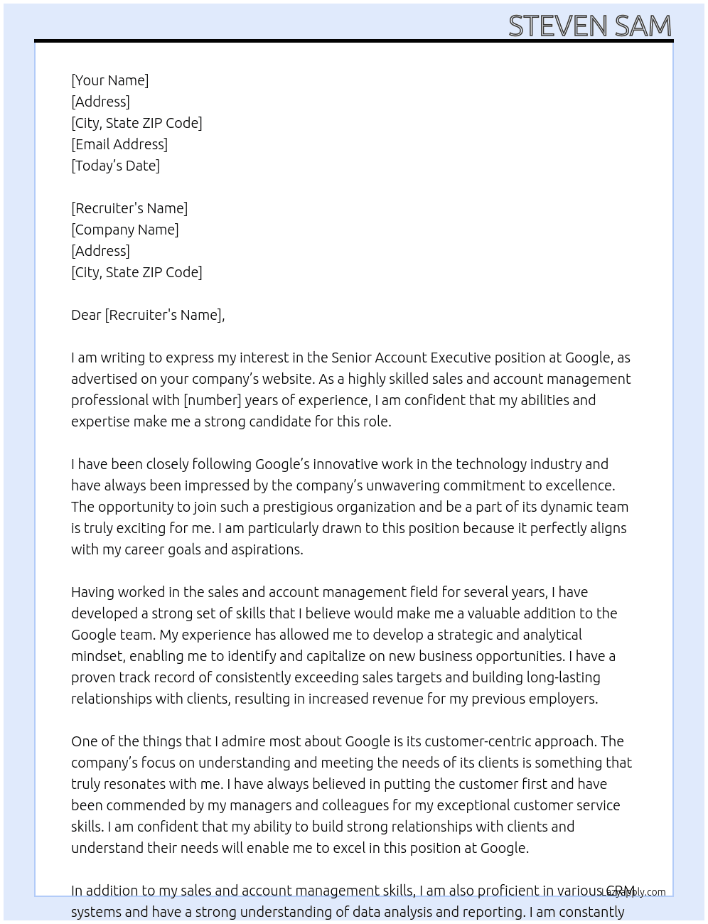 Senior Account Executive At Google Cover Letter