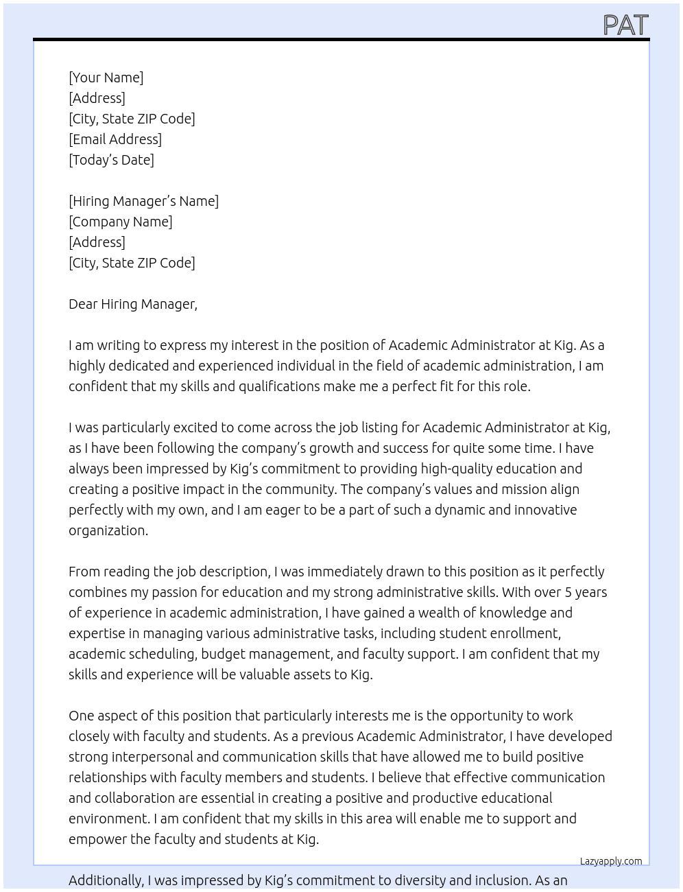 Cover letter for academic administrator - LazyApply