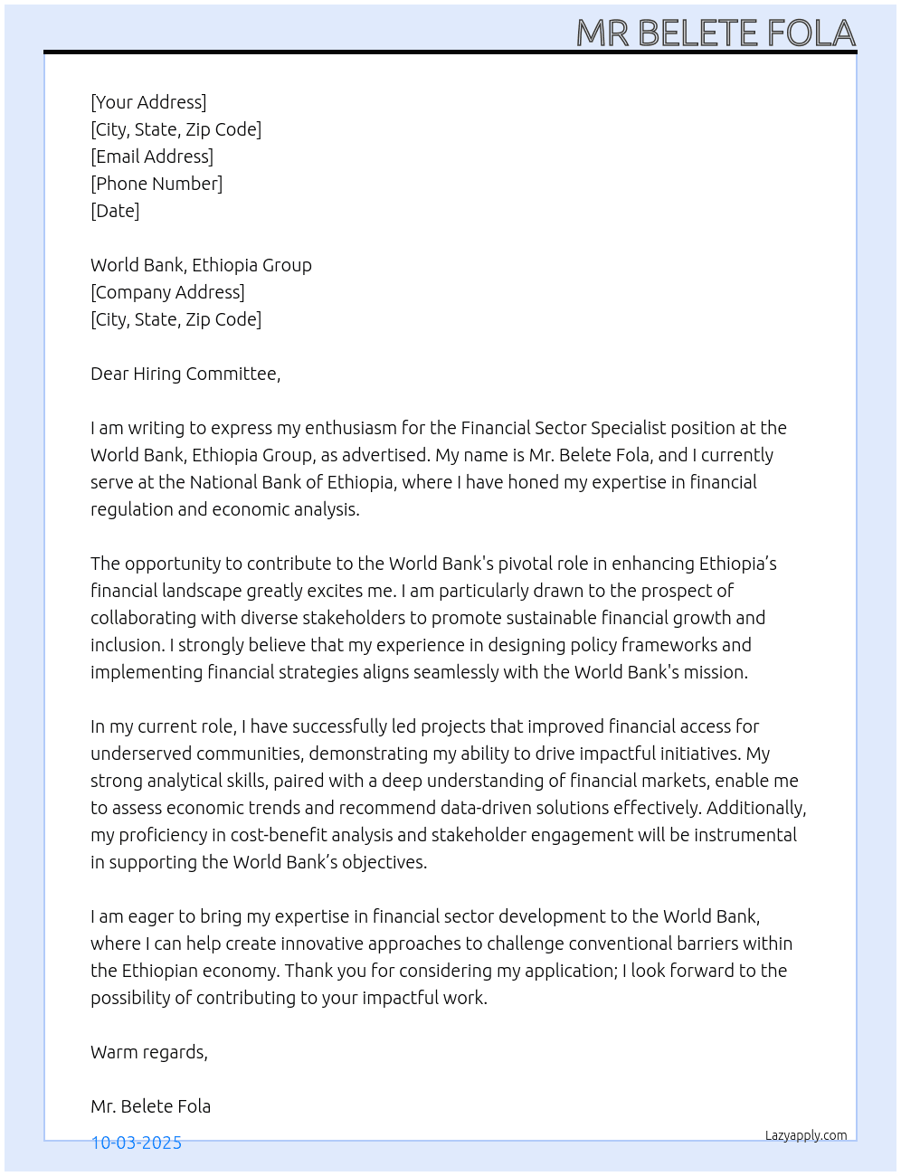 Financial Sector Specialist At National Bank of Ethiopia Cover Letter