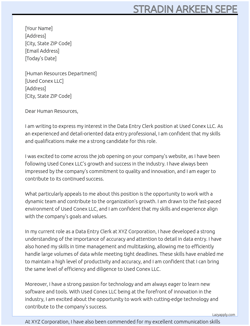 Data Entry Clerk At Used Conex LLC Cover Letter