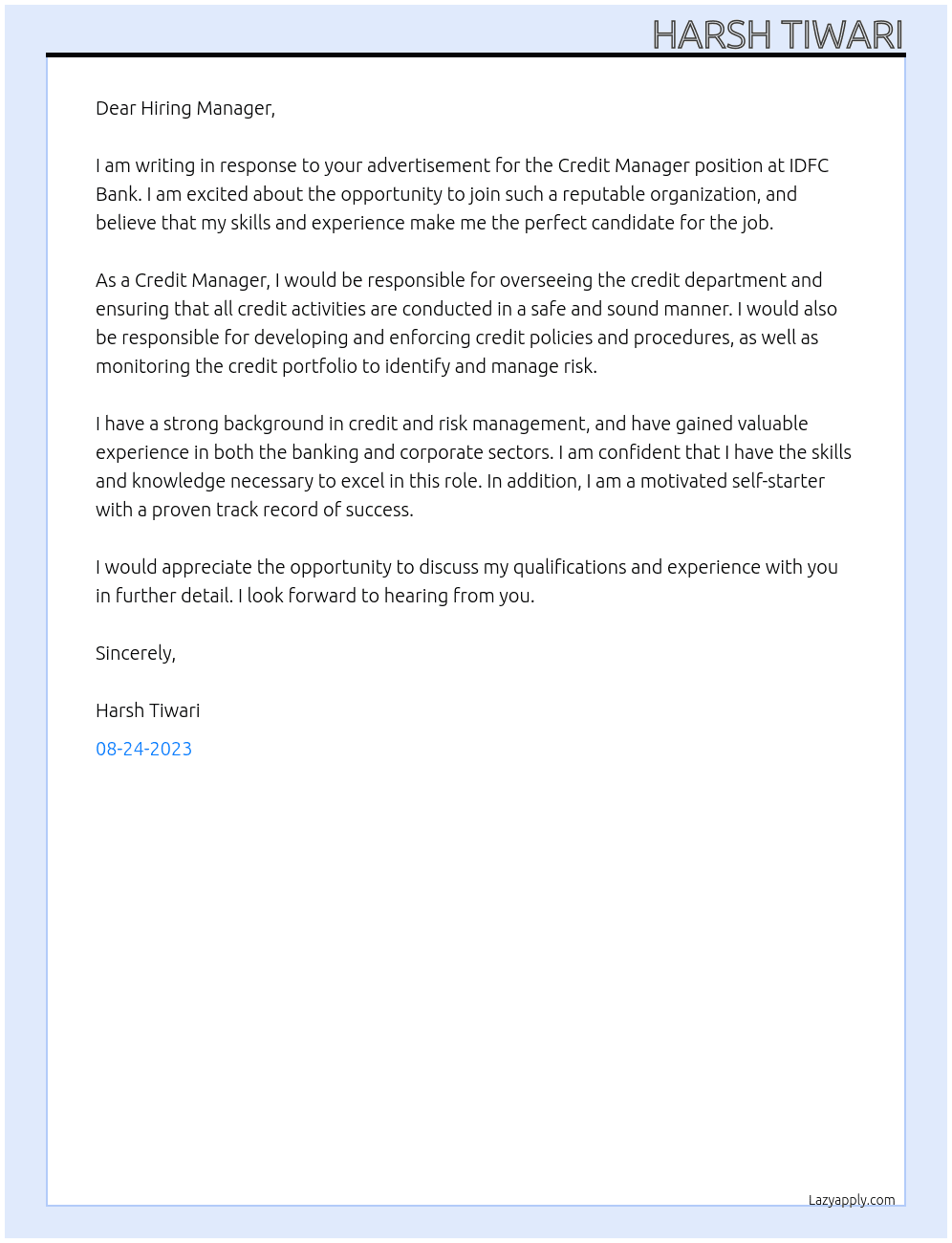 Credit Manager At IDFC  Bank Cover Letter