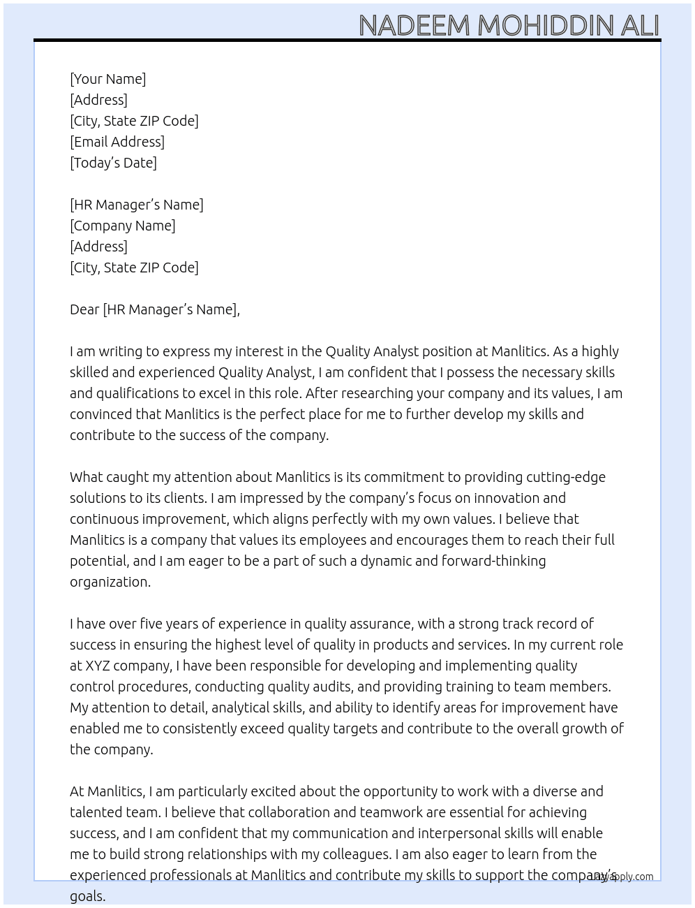 Quality Anaalyst At Manlitics Cover Letter