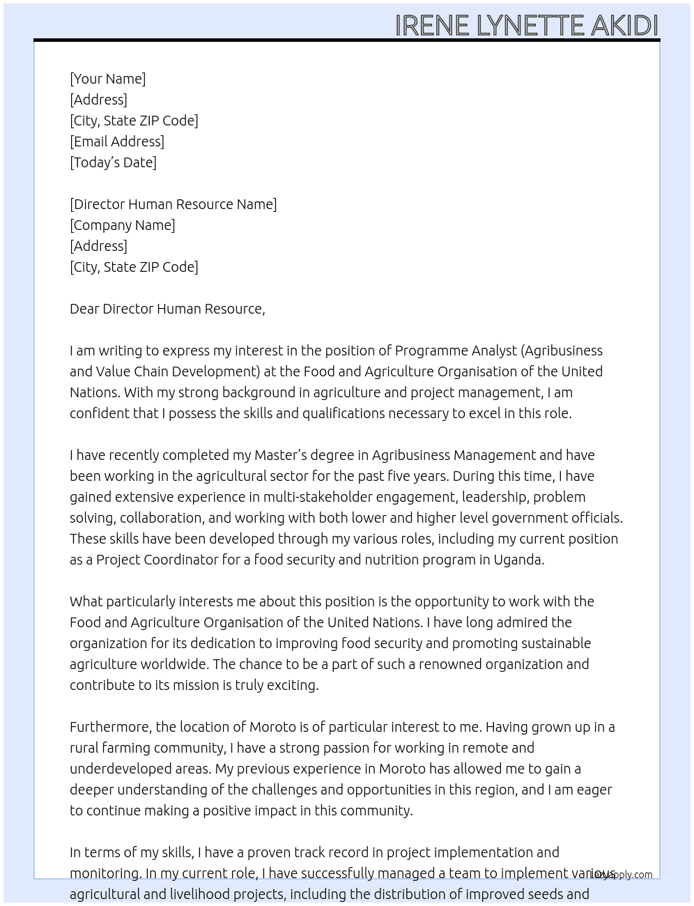 Programme Analyst (Agribusiness and Value Chain Development) At Food and Agriculture Organisation of the United Nations Cover Letter