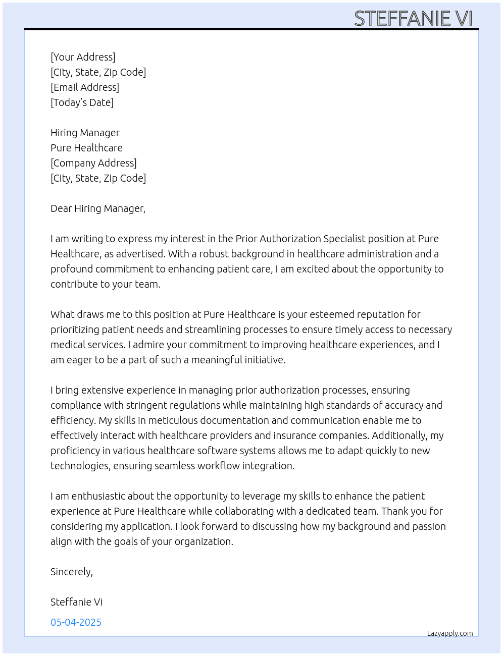 Cover letter for prior authorization specialist - LazyApply