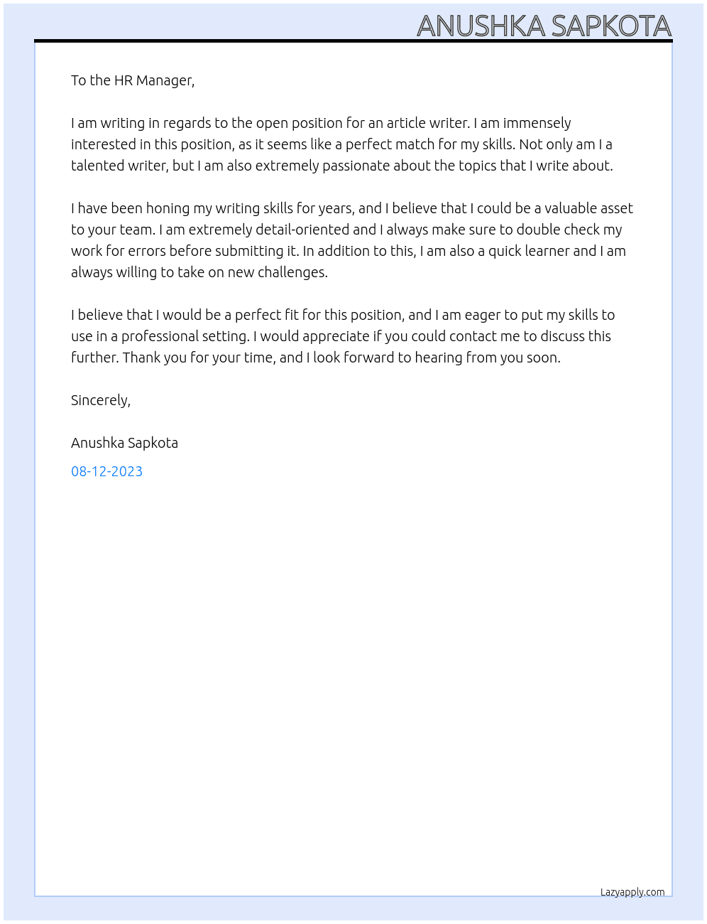 Article At Anushka  Cover Letter