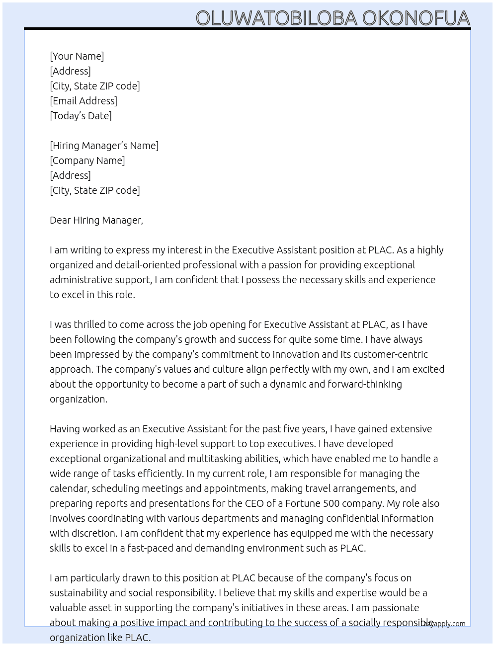 Executive Assistant At PLAC Cover Letter