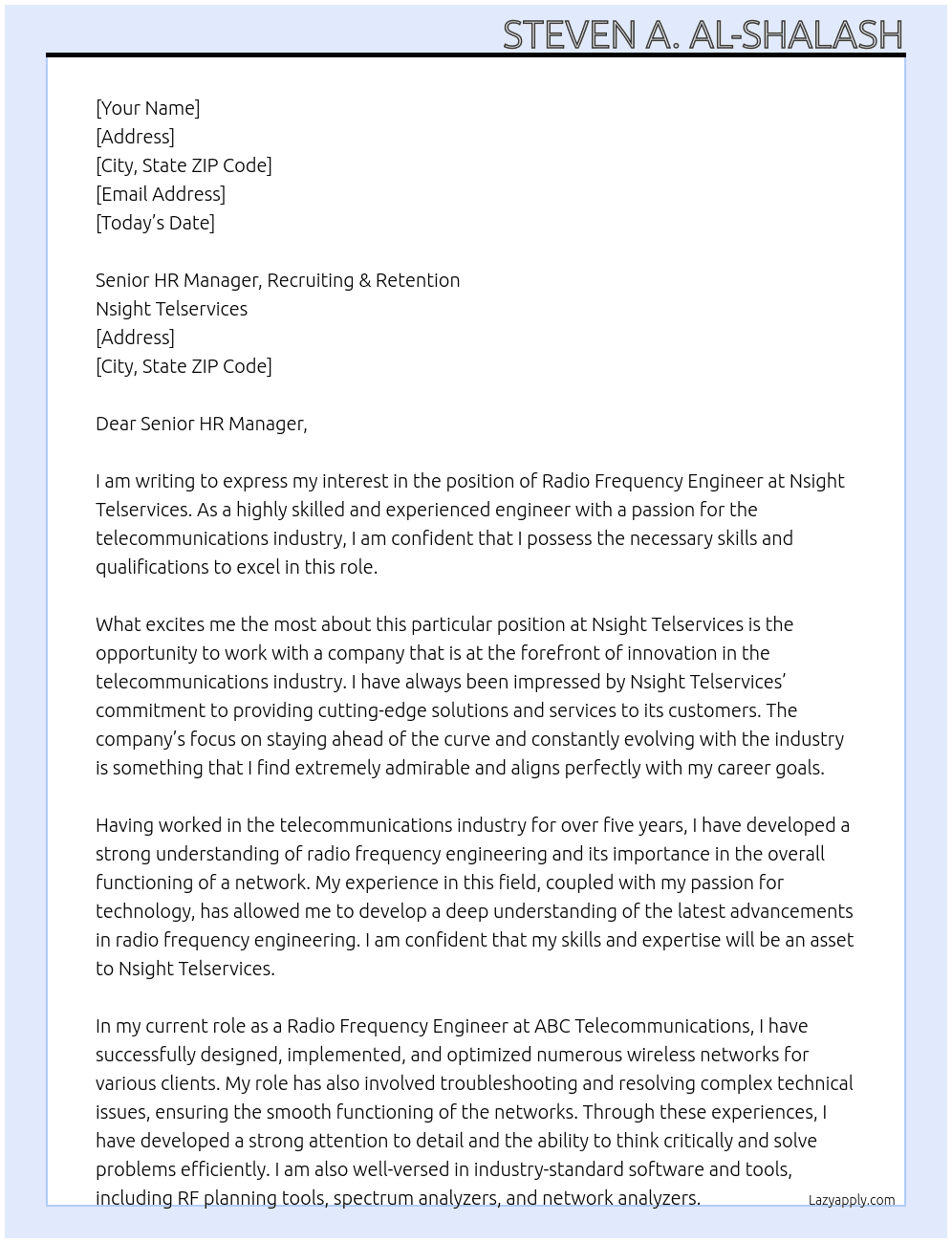 Radio Frequency Engineer At Nsight Telservices Cover Letter