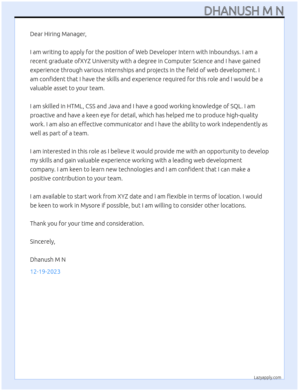 Web Developer Intern At Inboundsys Cover Letter
