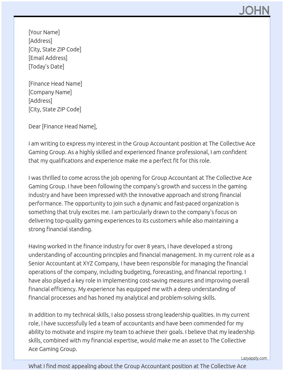 Group Accountant At The Collective Ace Gaming Group Cover Letter