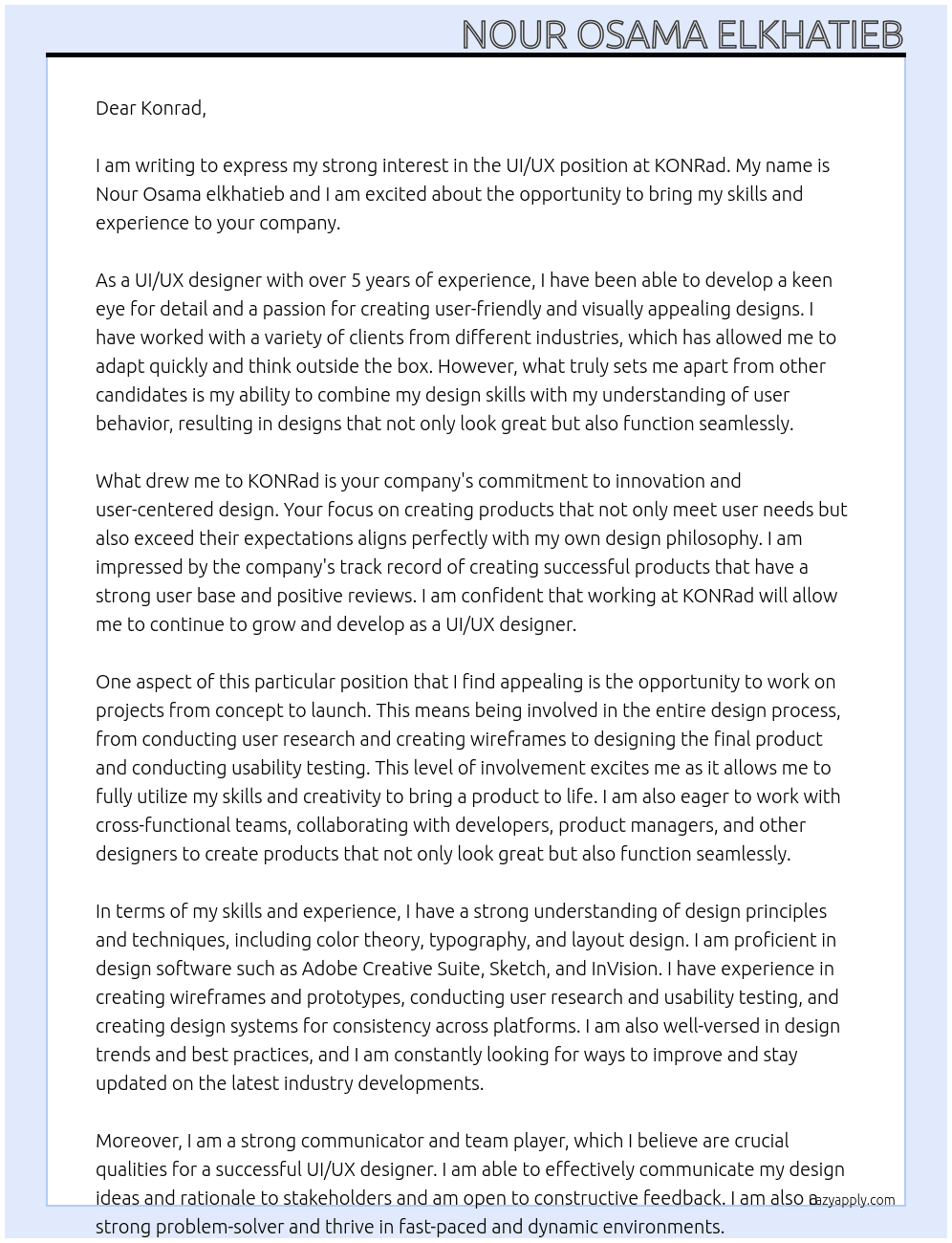 ui/ux At KONRad Cover Letter
