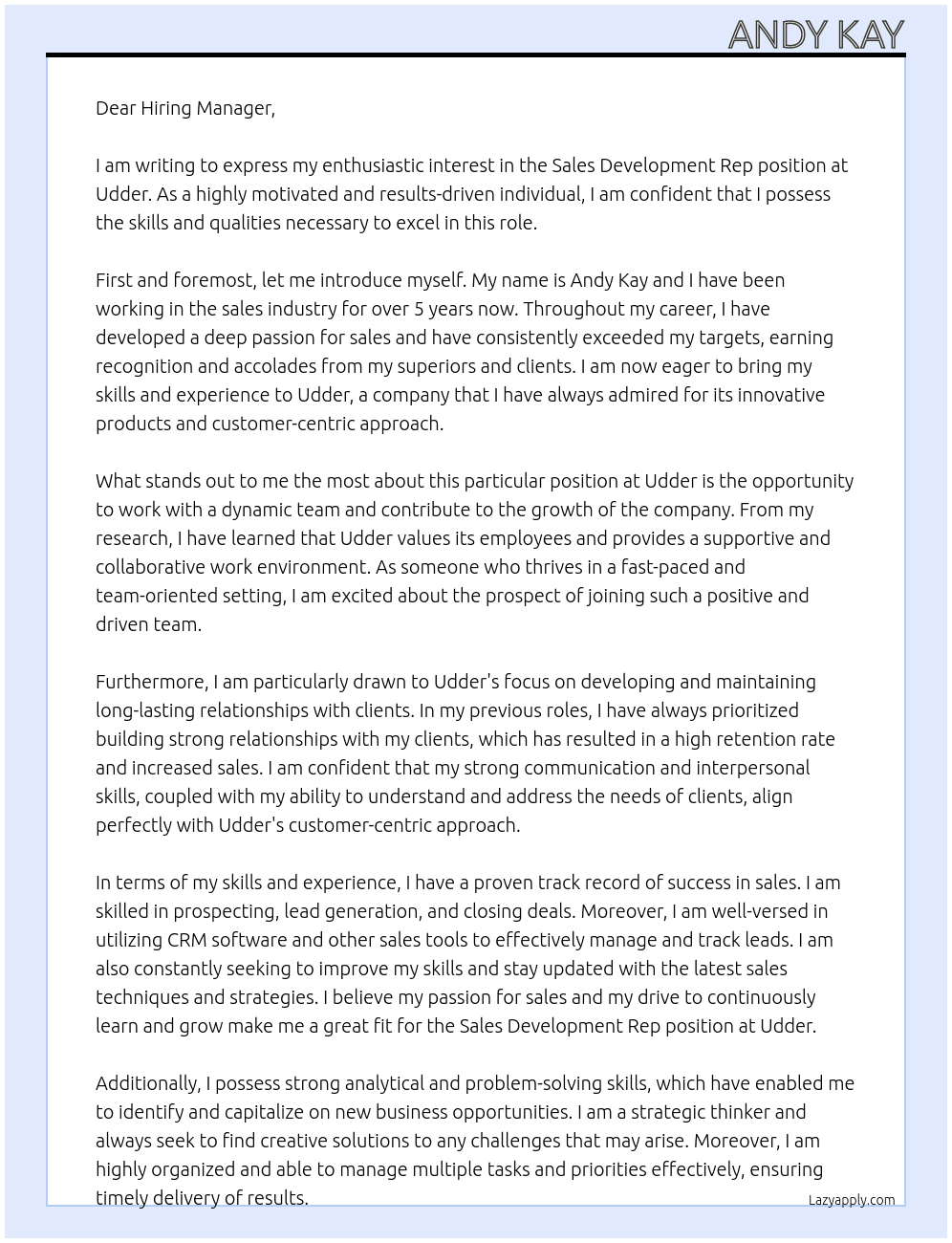 Sales Development Rep At Udder Cover Letter