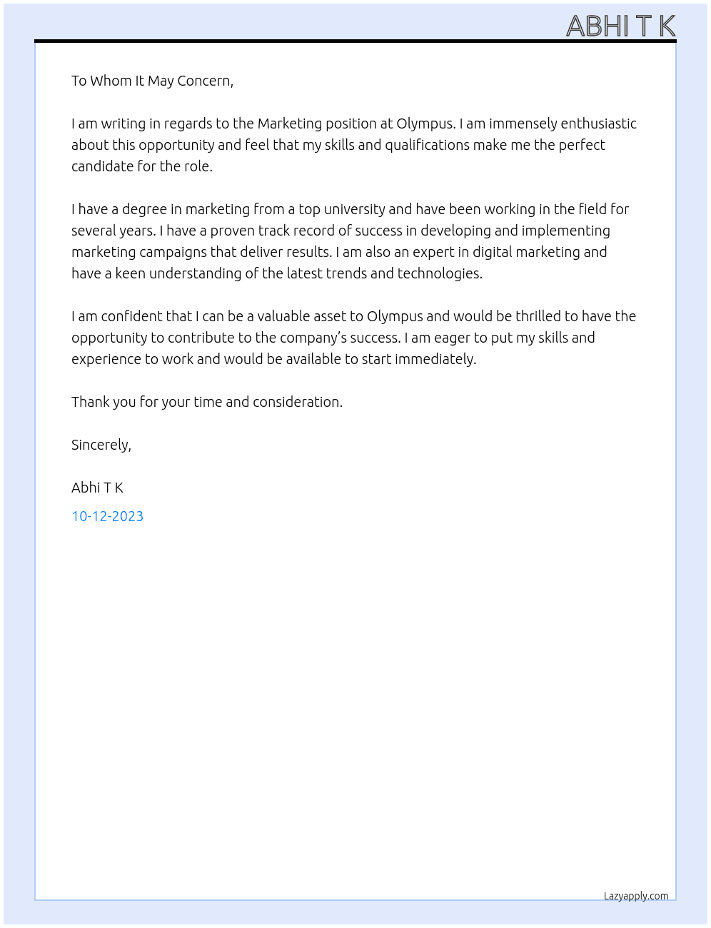 Marketing  At Olympus Cover Letter