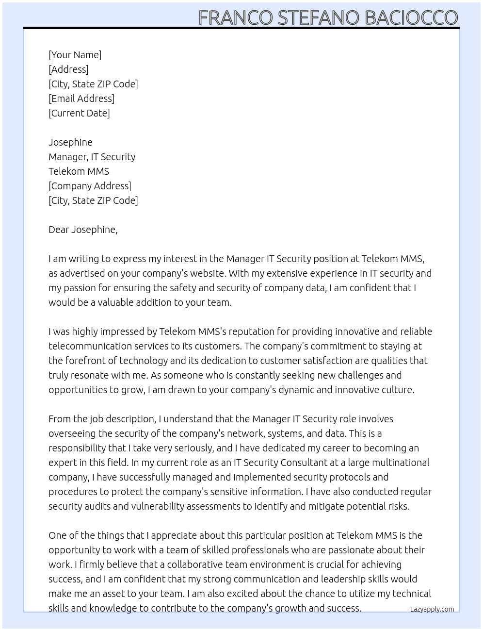 Manager IT Security At Telekom MMS Cover Letter