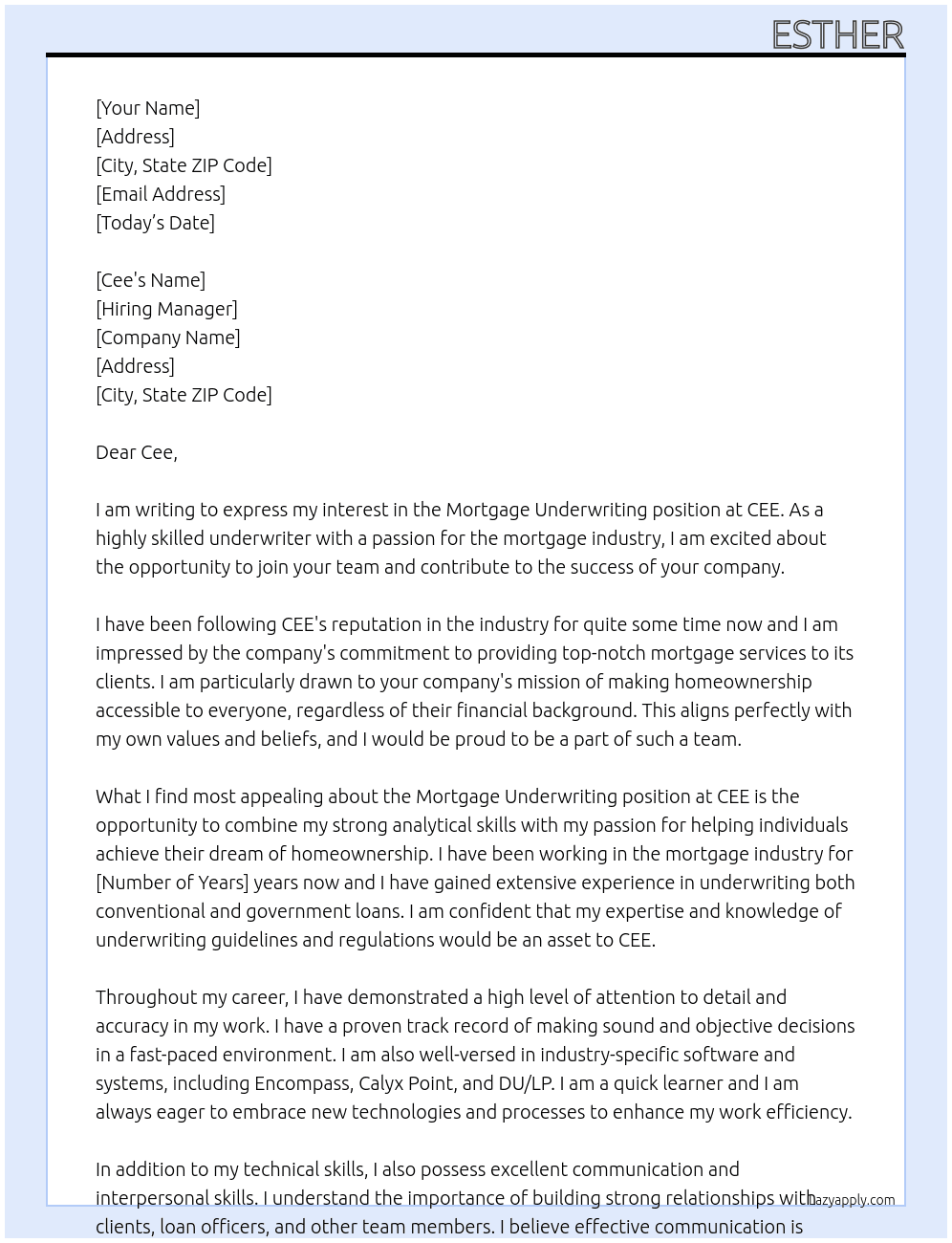 mortgage underwriting At CEE Cover Letter