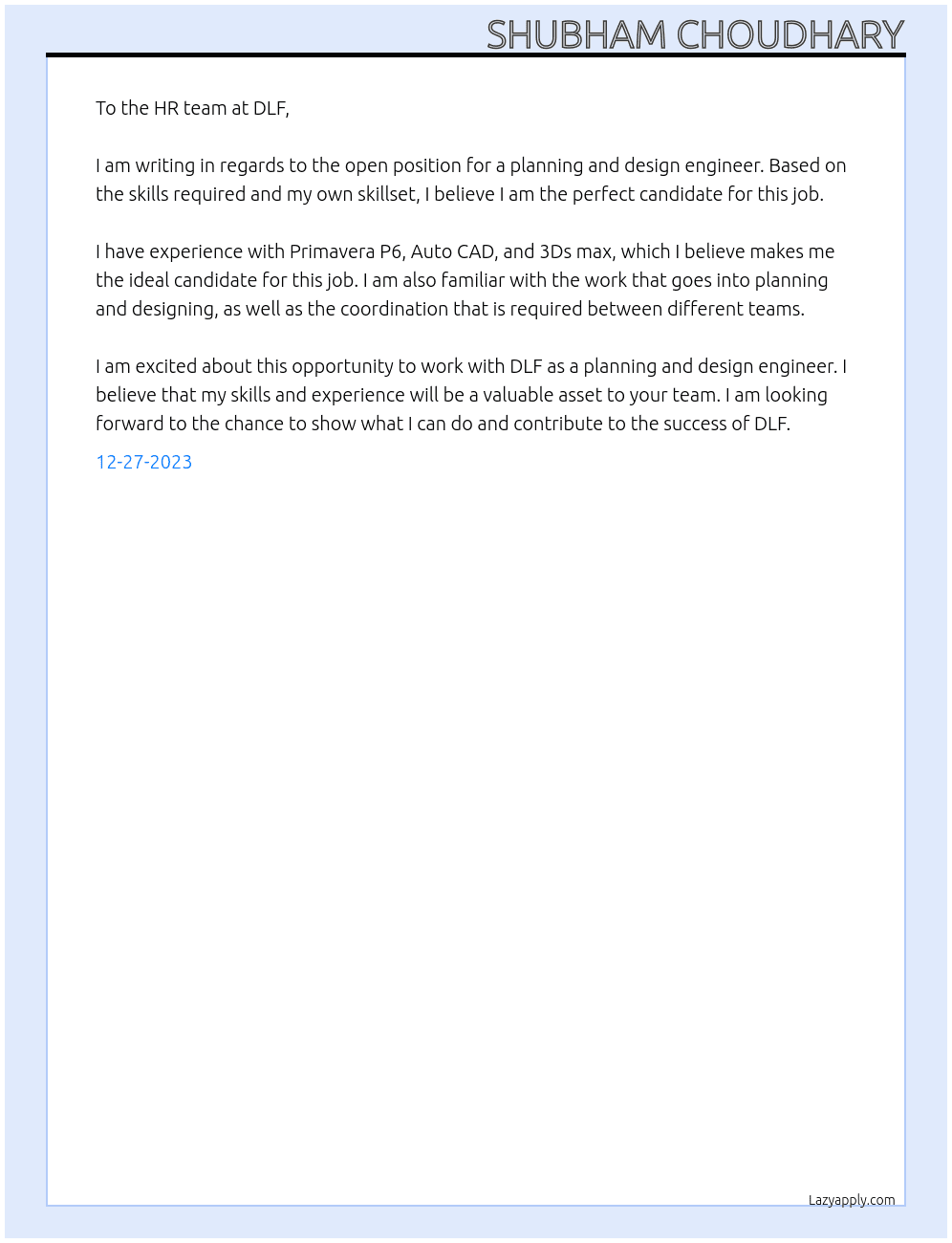 planning and design engineer At DLF Cover Letter