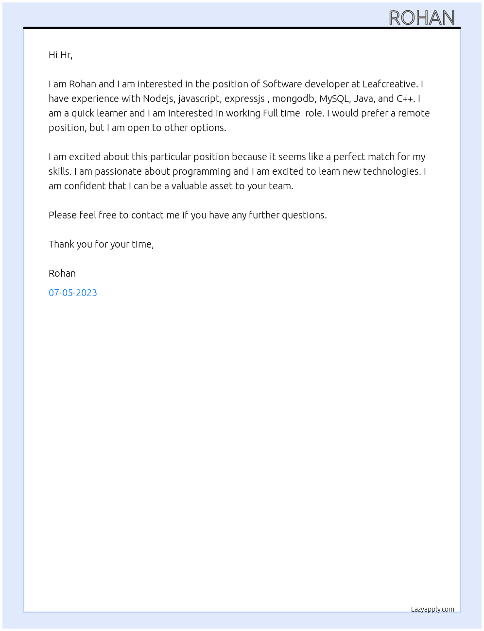 Software developer  At Leafcreative  Cover Letter