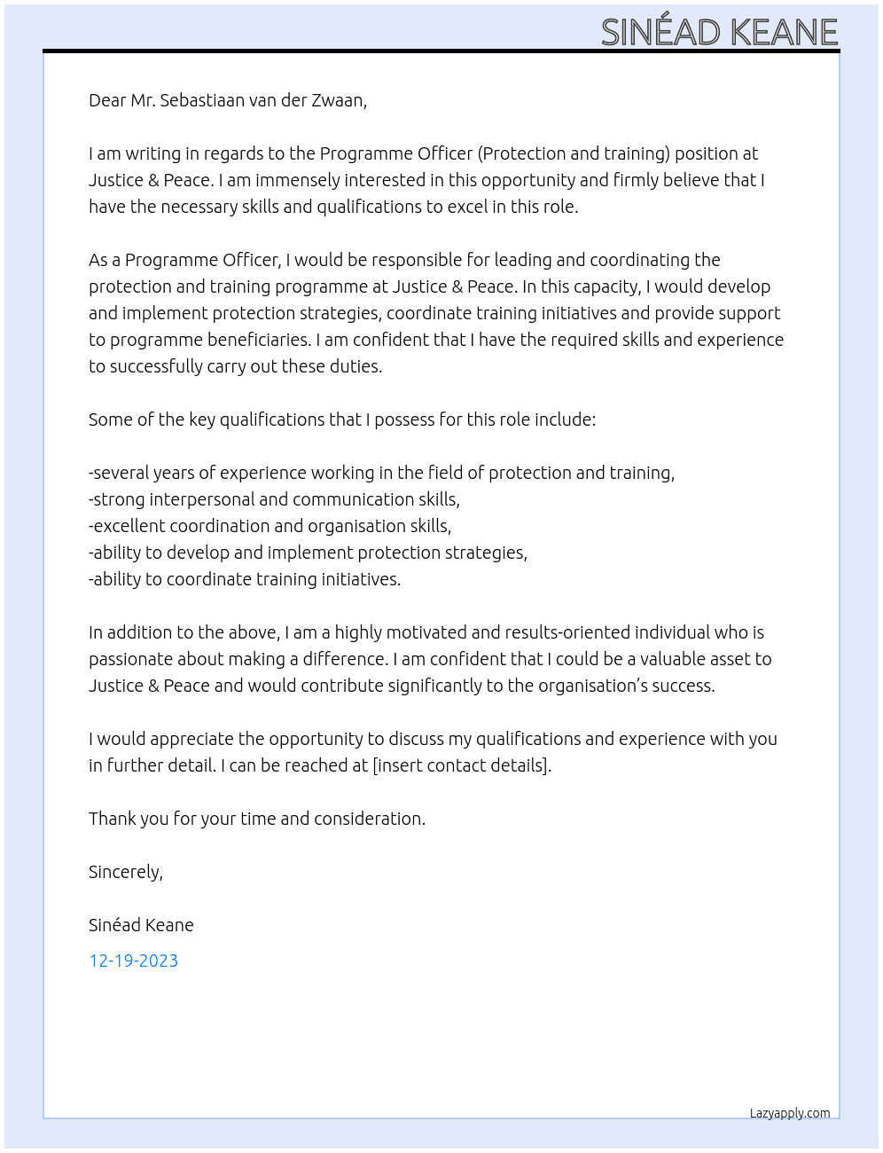 Programme Officer (Protection and training) At Justice & Peace  Cover Letter