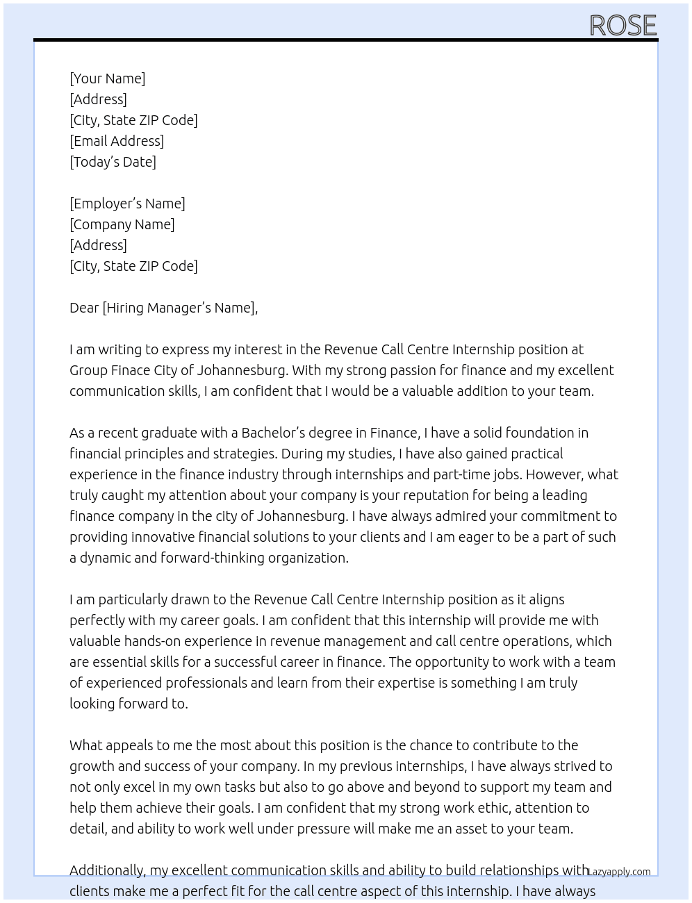 Revenue call centre intenship At Group Finace city of Johannesburg  Cover Letter