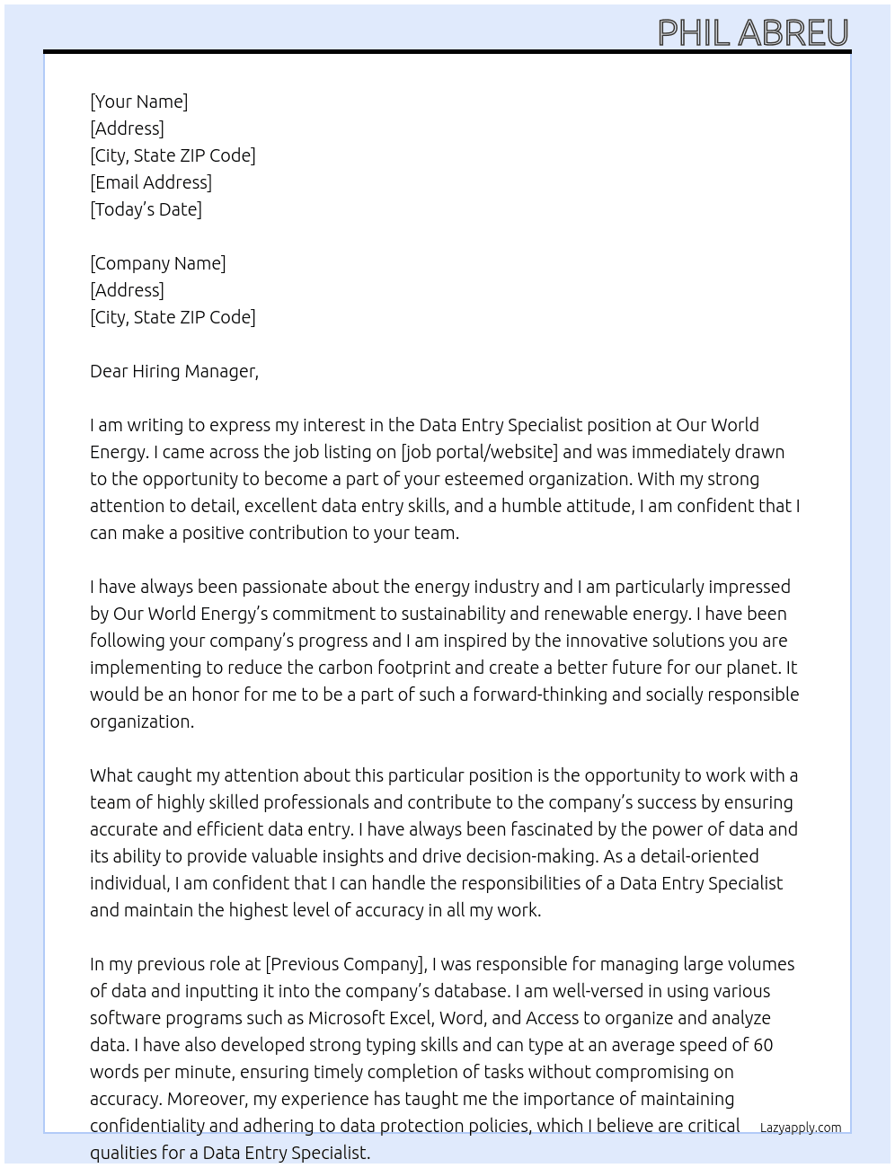 Data Entry Specialist At Our World Energy Cover Letter