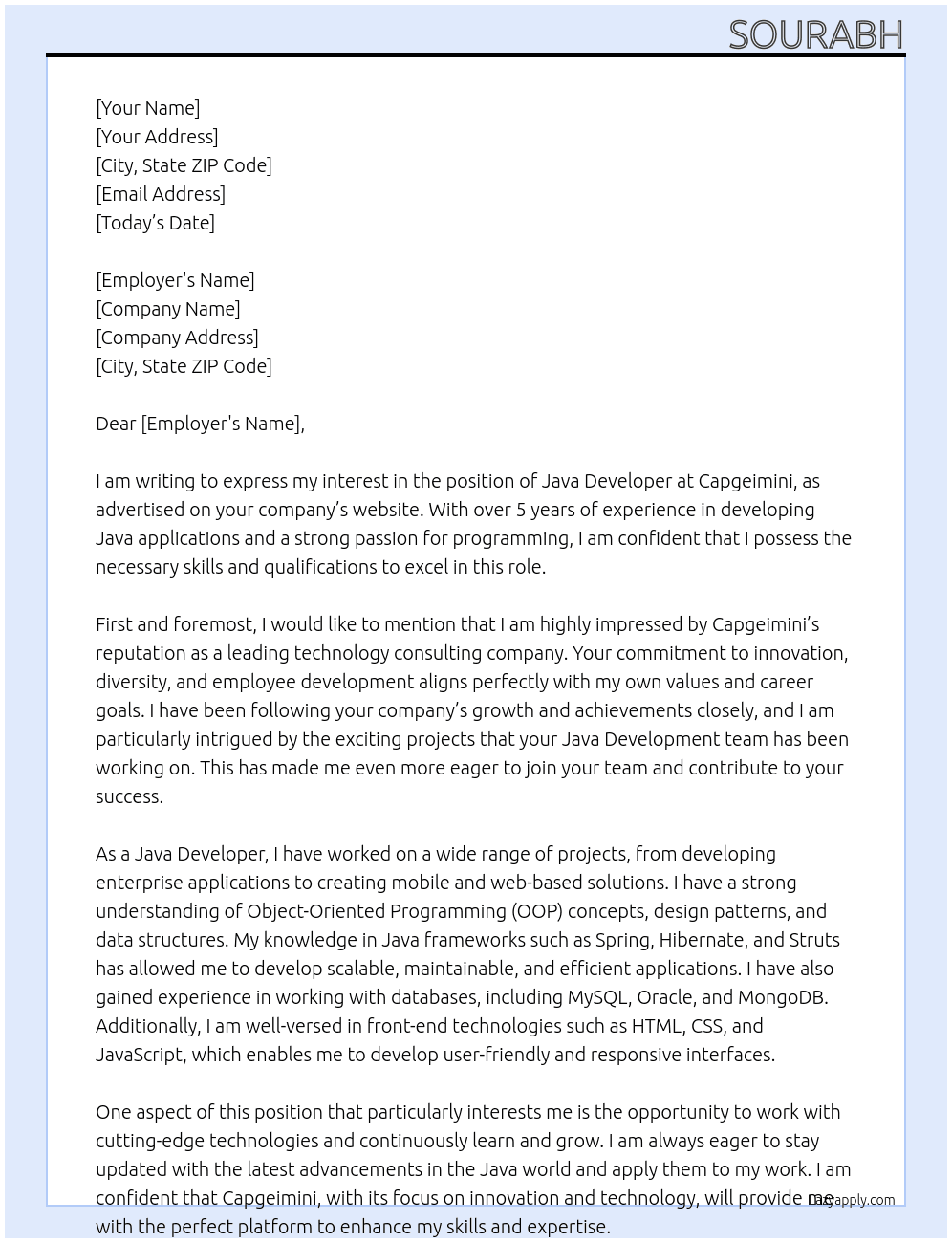 java devloper At capgeimini Cover Letter