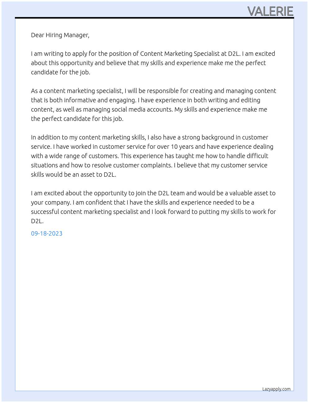 Content Marketing Specialist At D2L Cover Letter