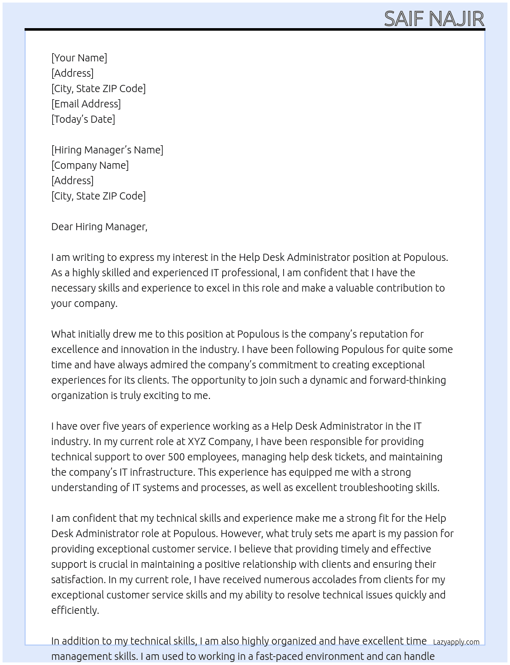 Help Desk Administrator At Populous Cover Letter