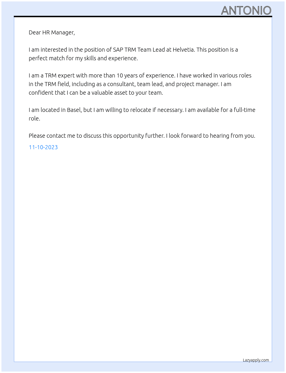 Sap trm team lead At Helvetia Cover Letter