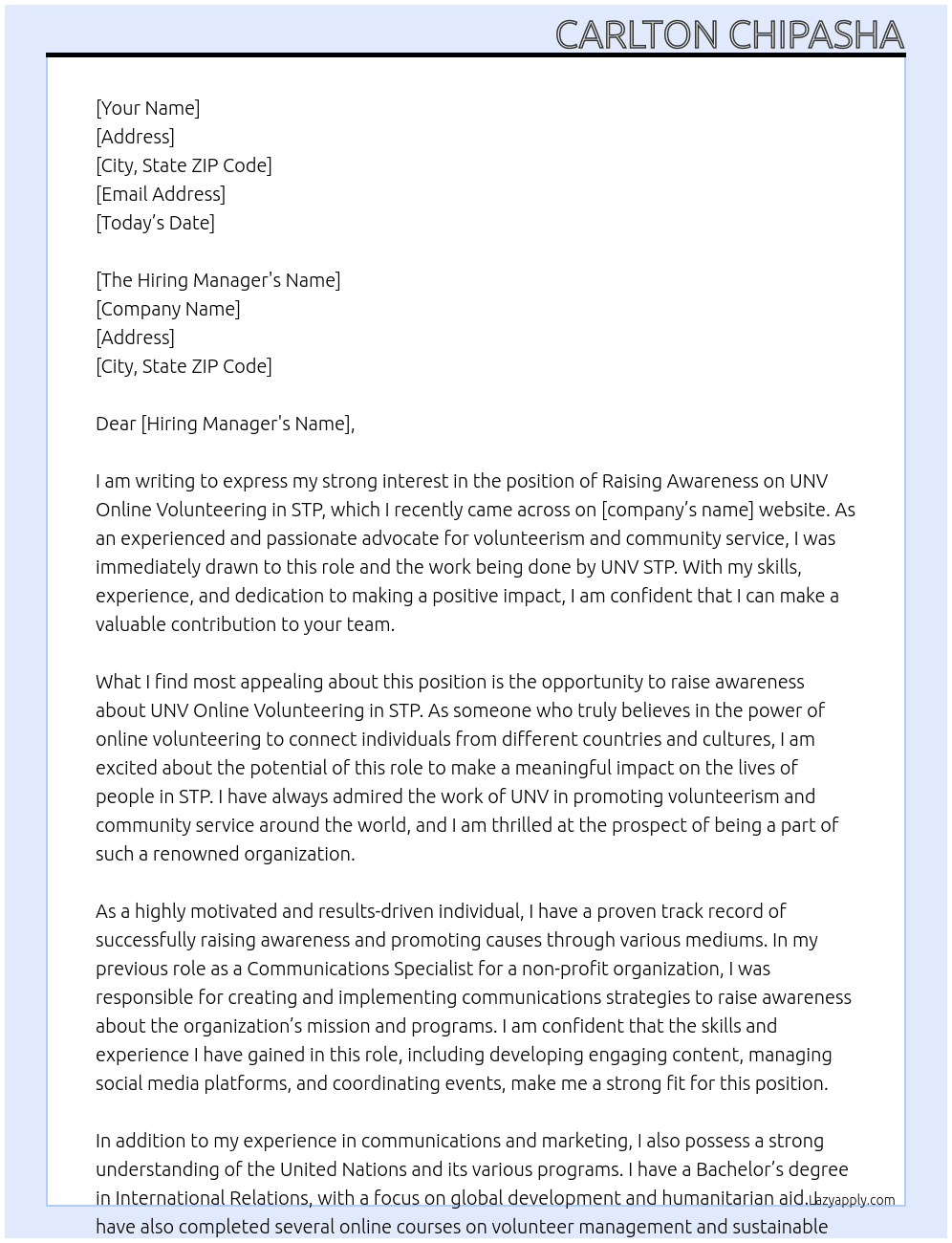  Raising awareness on UNV Online Volunteering in STP At UNV STP Cover Letter