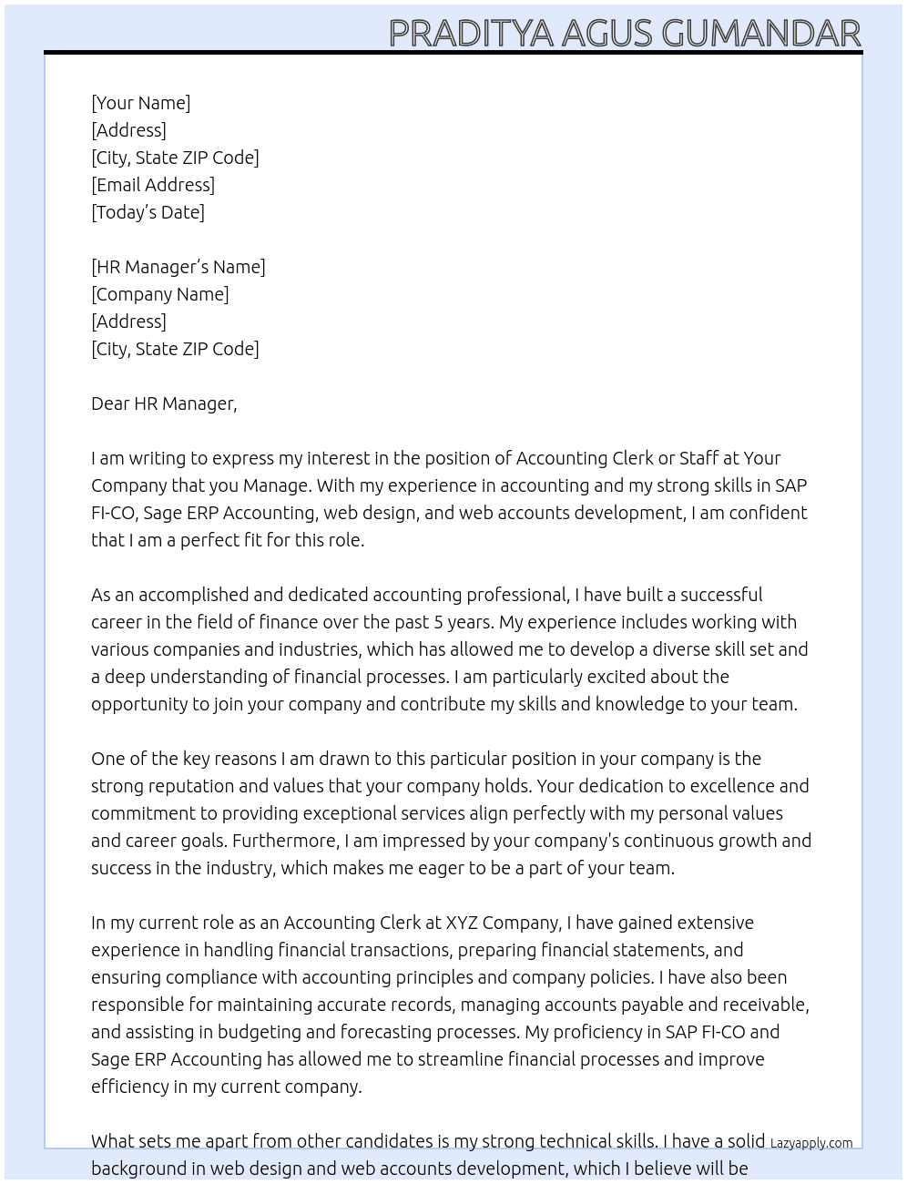 Accounting Clerk or Staff At Your Company that you Manage Cover Letter