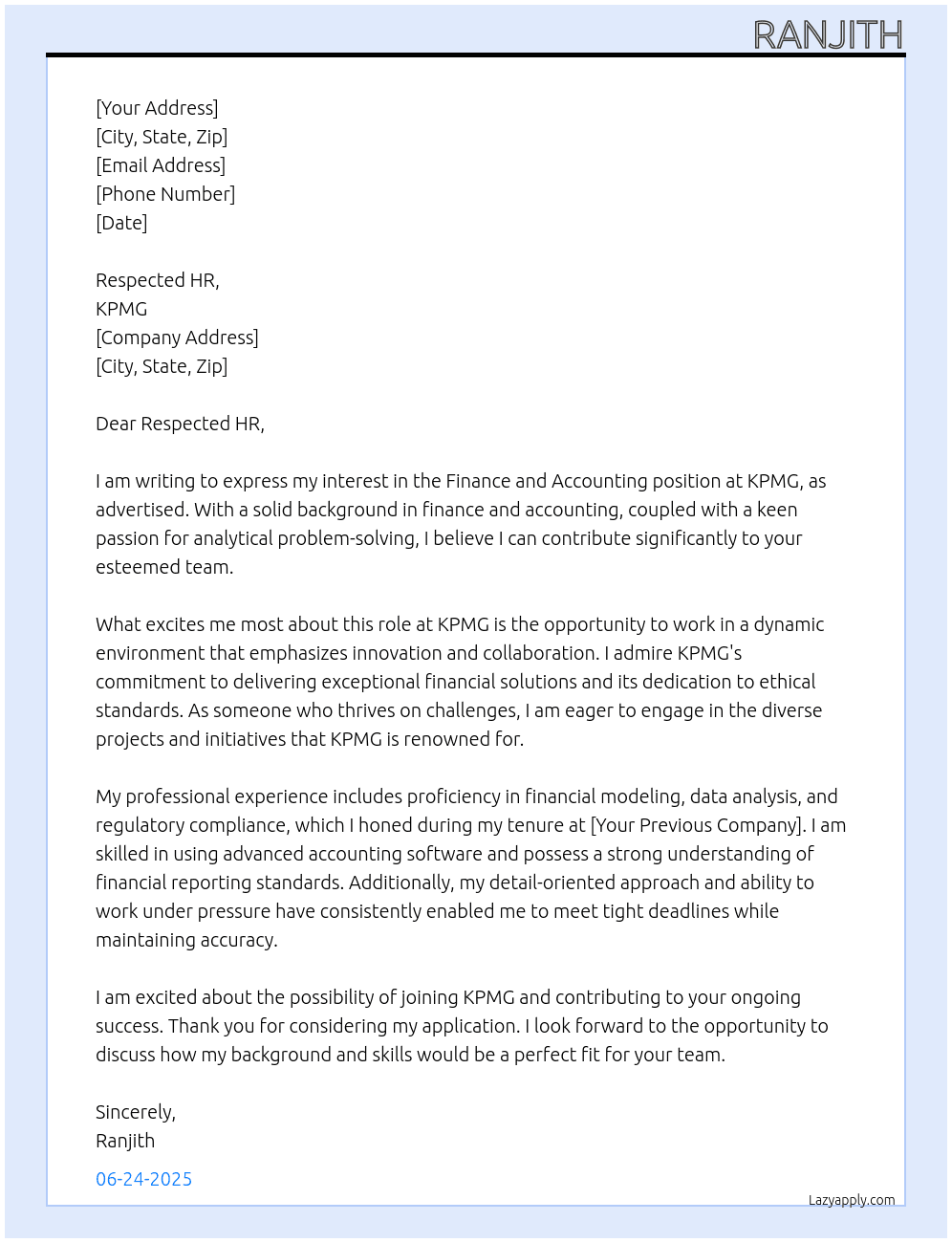 Cover letter for finance and accounting - LazyApply