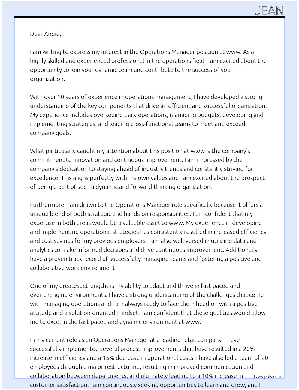 Operations manager At www Cover Letter