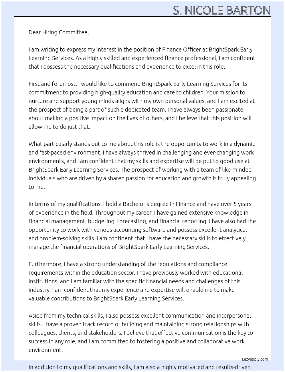 Finance Officer At BrightSpark Early Learning Services Cover Letter