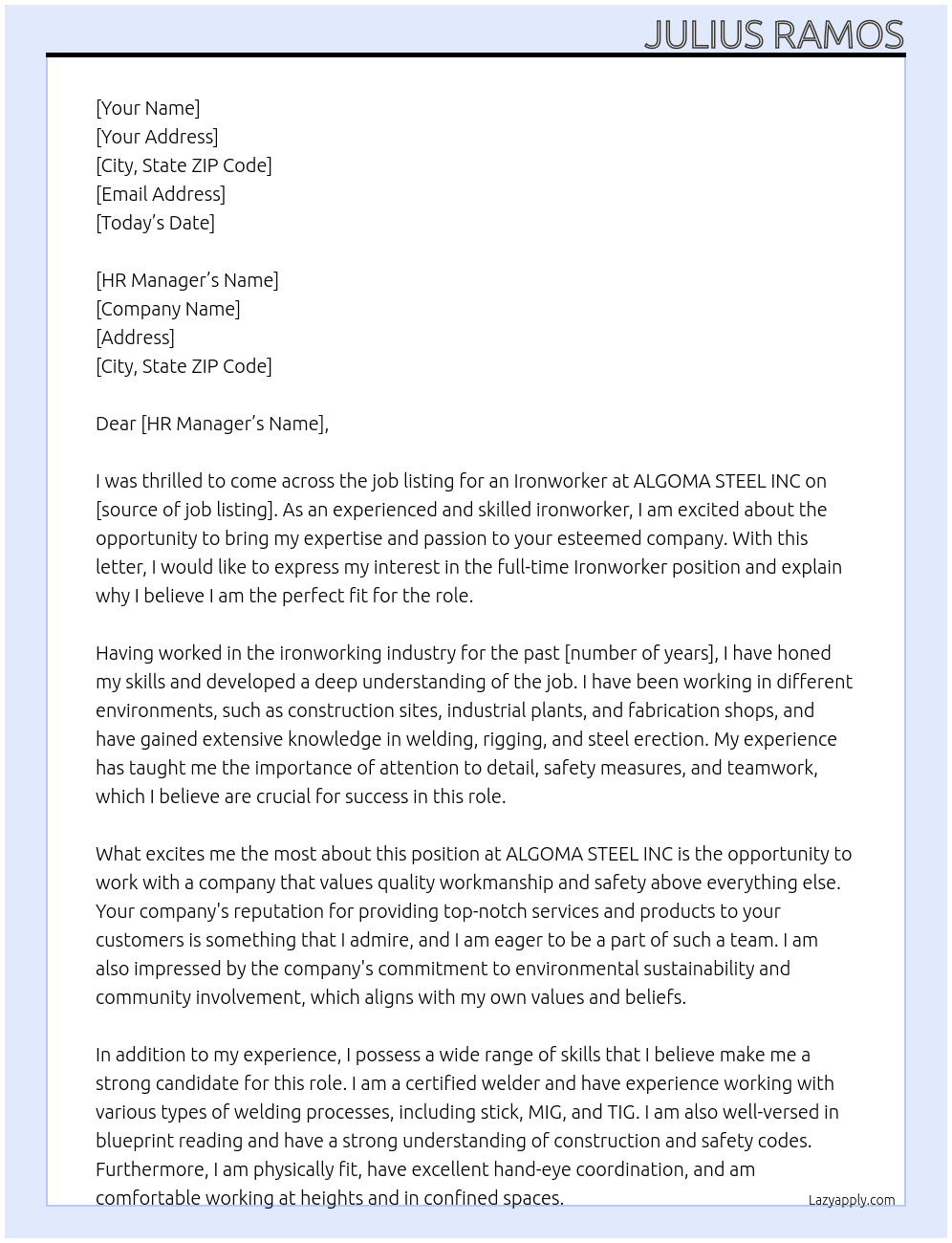 Ironworker At ALGOMA STEEL INC Cover Letter