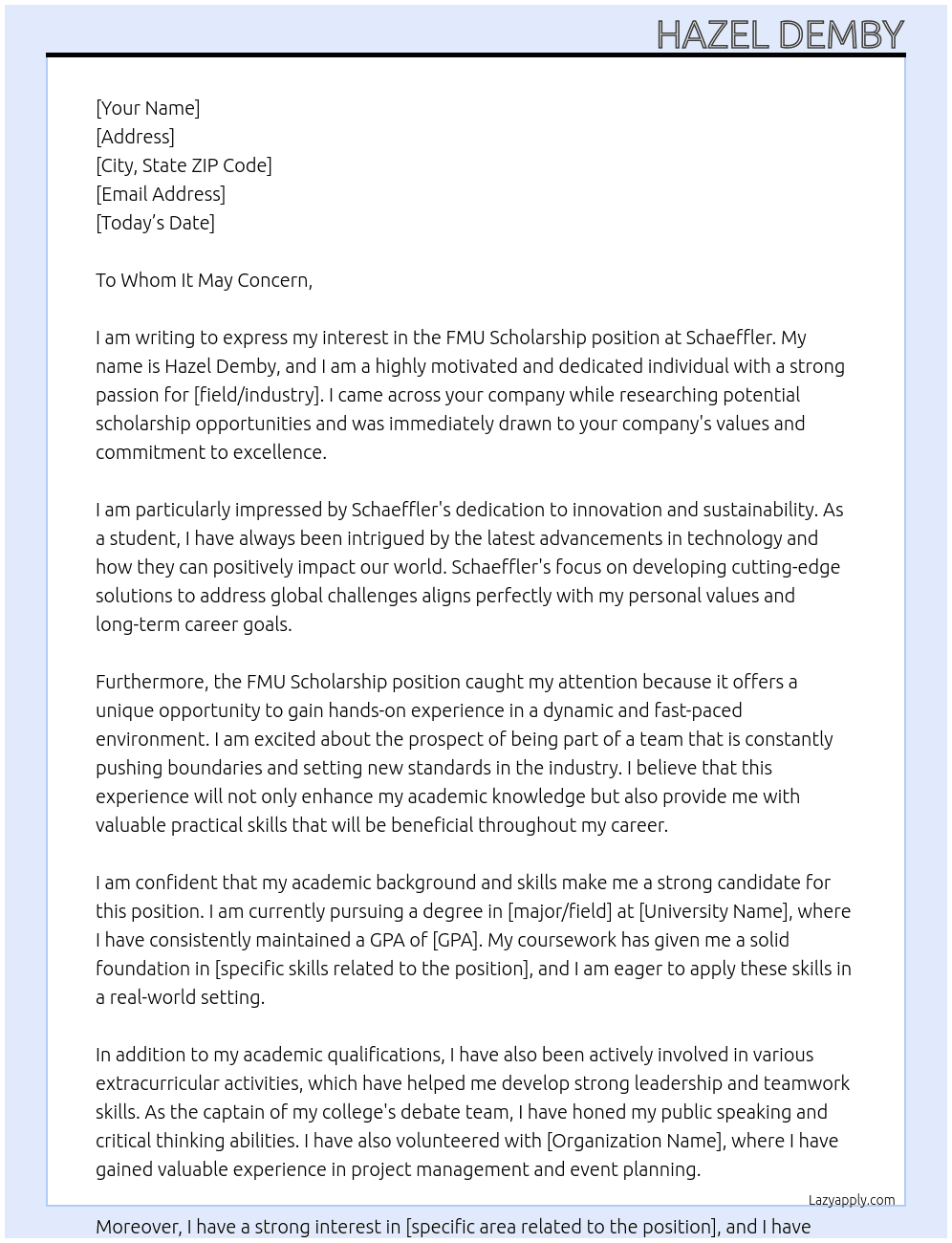 FMU Scholarship  At Schaeffler  Cover Letter