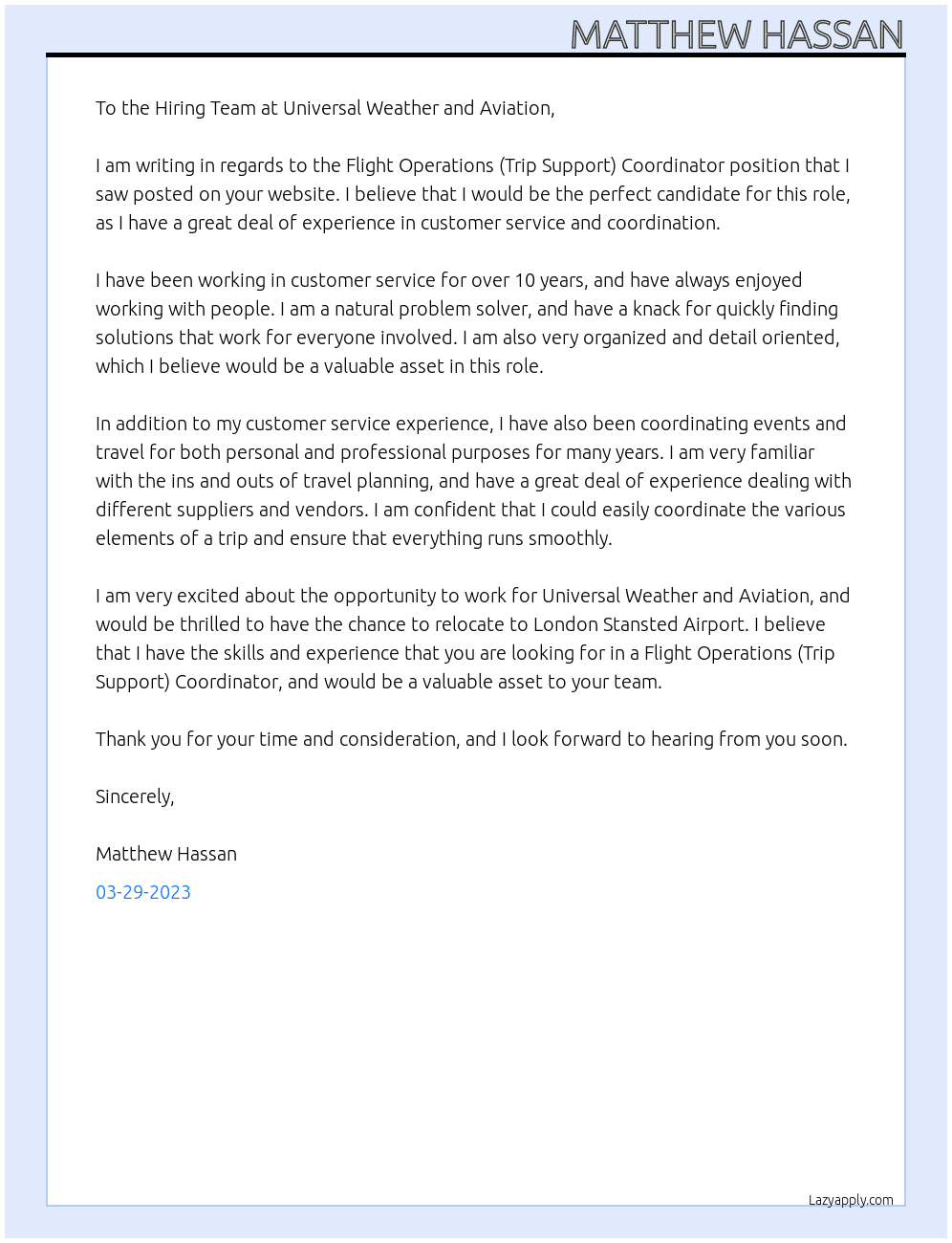 Flight Operations (Trip Support) Coordinator At Universal Weather and Aviation, Inc. Cover Letter