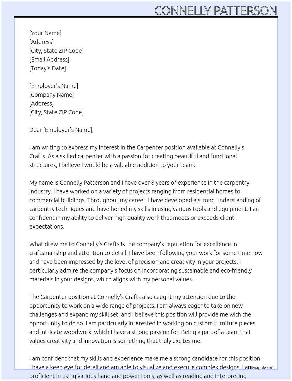 carpenter At connellys crafts Cover Letter