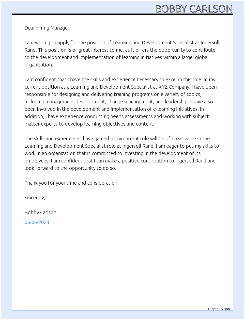 Learning and Development Specialist At Ingersoll Rand Cover Letter