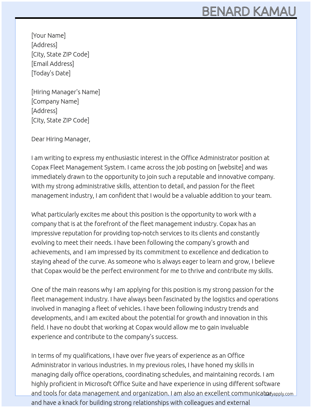 Office Administrator  At Copax Fleet Management System  Cover Letter