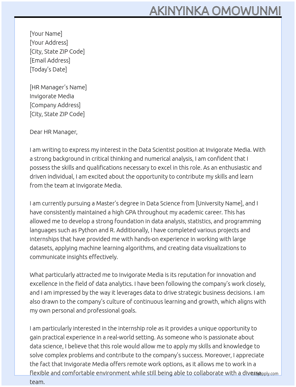 Data scientist  At Invigorate media Cover Letter