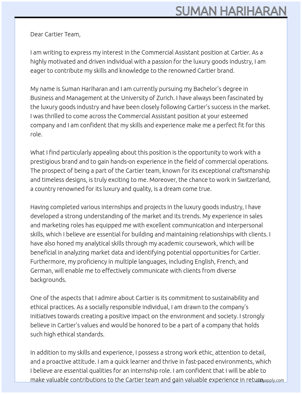 commercial assistant At Cartier Cover Letter