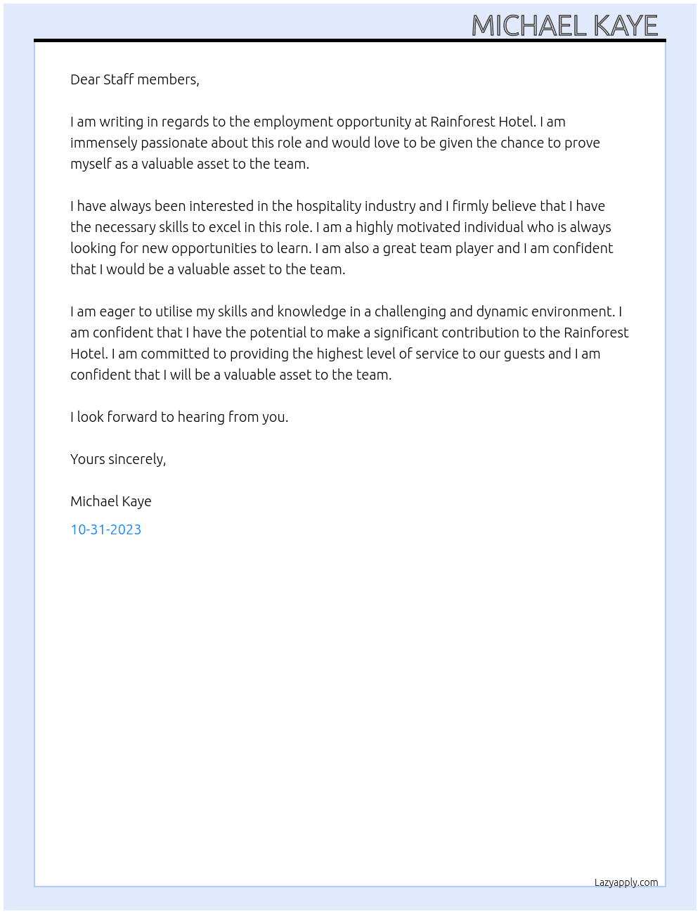 Employment  At Rainforest Hotel  Cover Letter